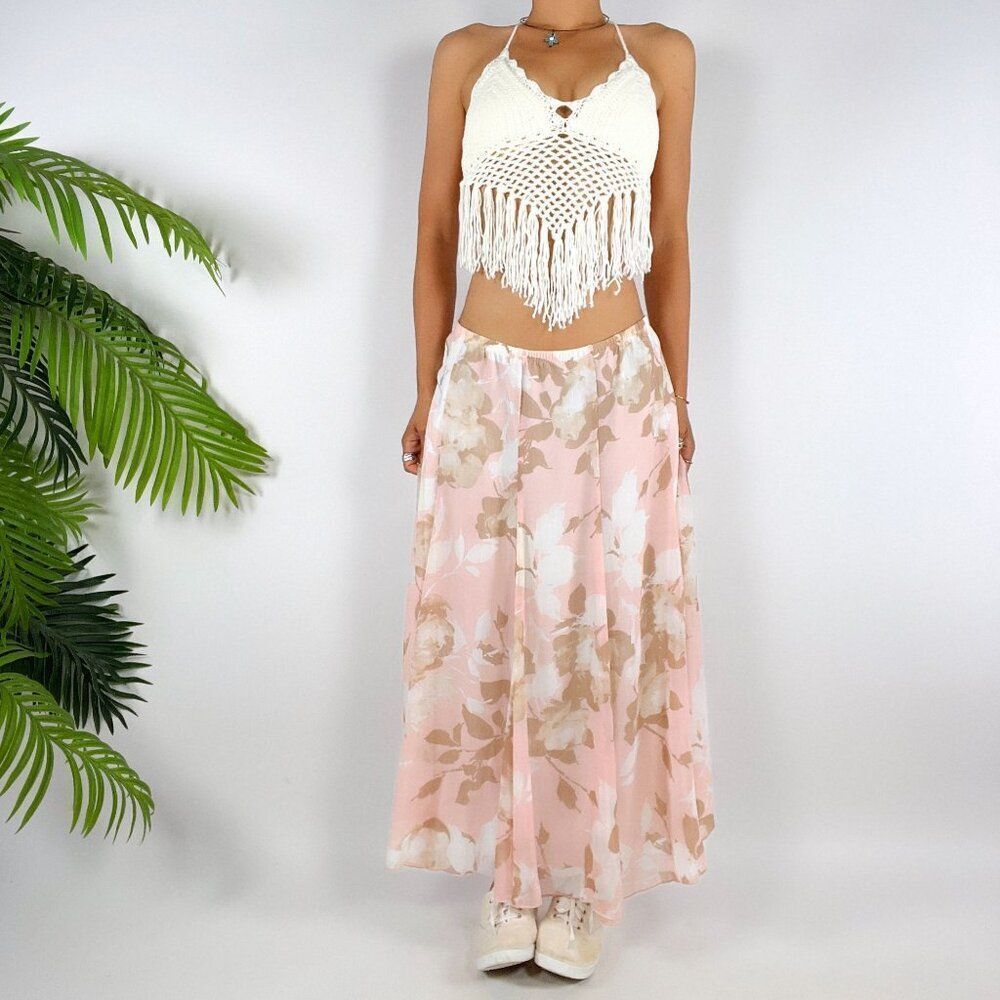 Vintage Y2K Ruby Rd. Pink Floral Boho Fairycore Hippie Low Rise Midi Skirt / 8
